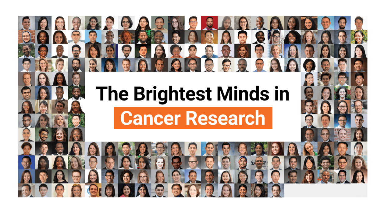 Collage of all Conquer Cancer grant and award recipients in 2023. Middle text reads "The Brightest Minds in Cancer Research."