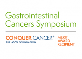 Gastrointestional Cancers Symposium (shaded olive green) on top of the Conquer Cancer logo, adjacent to 'Merit Award Recipient'