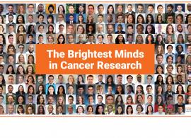 2022 Conquer Cancer grants & awards collage, featuring all recipients from the 2022 grants & awards class. In the middle is an orange tab that reads 'The Brightest Minds in Cancer Research' in white text.