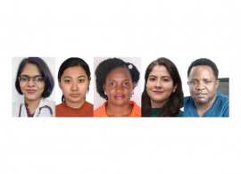 Collage of five 2023 International Innovation Grant recipients. From left to right: Dr. Aparna Sharma; Dr. Rubina Suwal; Dr. Pamela Bakkabulindi; Dr. Haydee Verduzco-Aguirre; Dr. Shakilu Jumanne