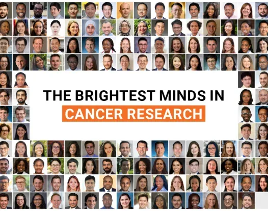 Collage of all Conquer Cancer grant and award recipients in 2024. Middle text reads "The Brightest Minds in Cancer Research."