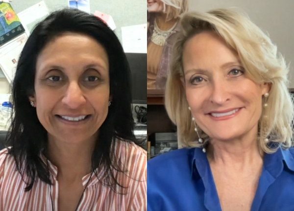 From left to right: Dr. Jyoti Patel and Brenda Brody. Dr. Patel has shoulder-length dark-brown hair, is wearing a salmon-pink and white lined shirt, and is smiling facing forward. Brenda has shoulder-length blonde hair, is wearing a blue shirt, and is smiling facing forward.