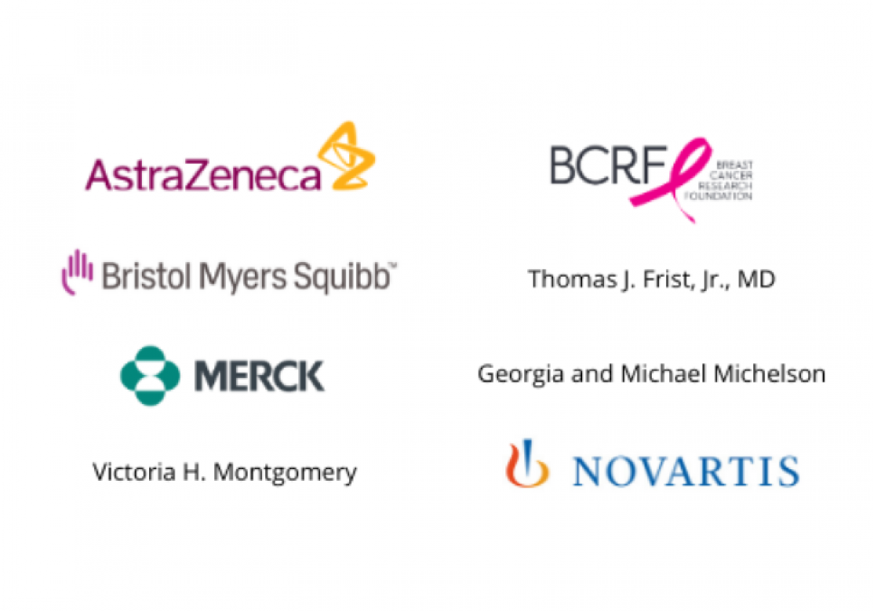 Listing of Top Donors from April 1, 2019, to March 31, 2020. AstraZeneca; Breast Cancer Research Foundation; Bristol Myers-Squibb; Thomas J. Frist, Jr., MD; Merck; Georgia and Michael Michelson; Victoria H. Montgomery; Novartis