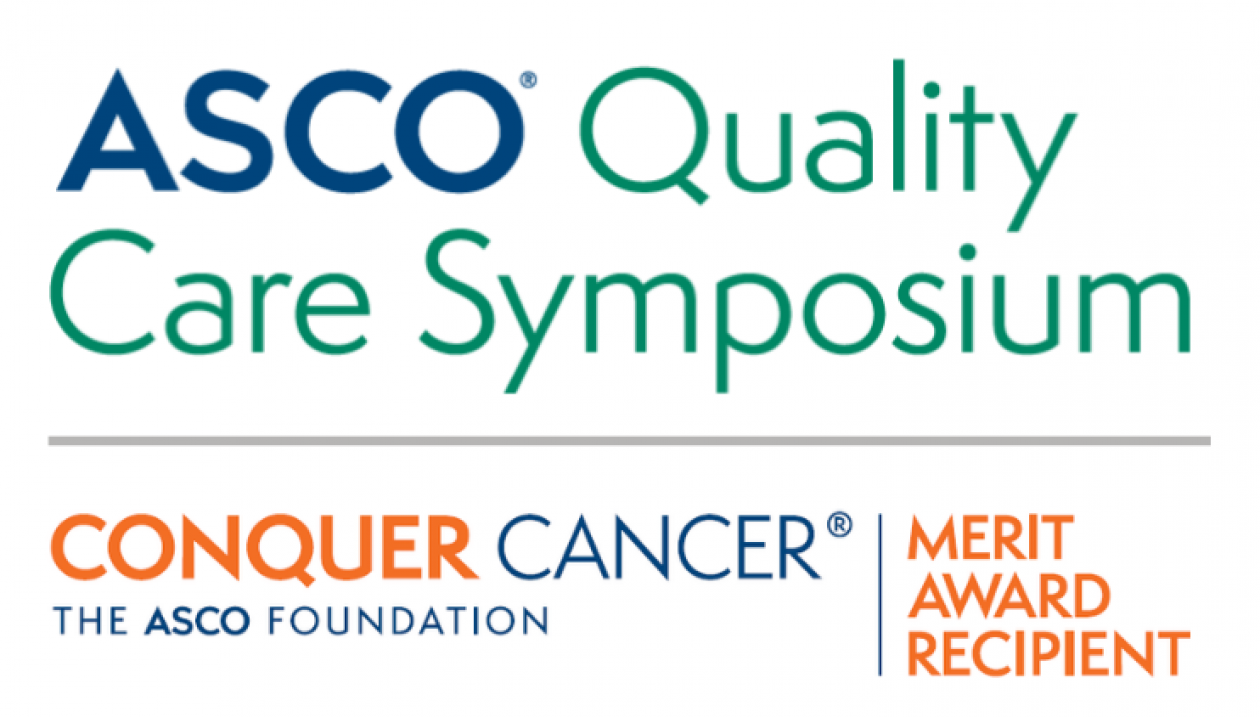 ASCO Quality Care Symposium logo on top, colored turquoise green, and Conquer Cancer's Merit Award Recipient logo on bottom, colored orange and ASCO branded blue