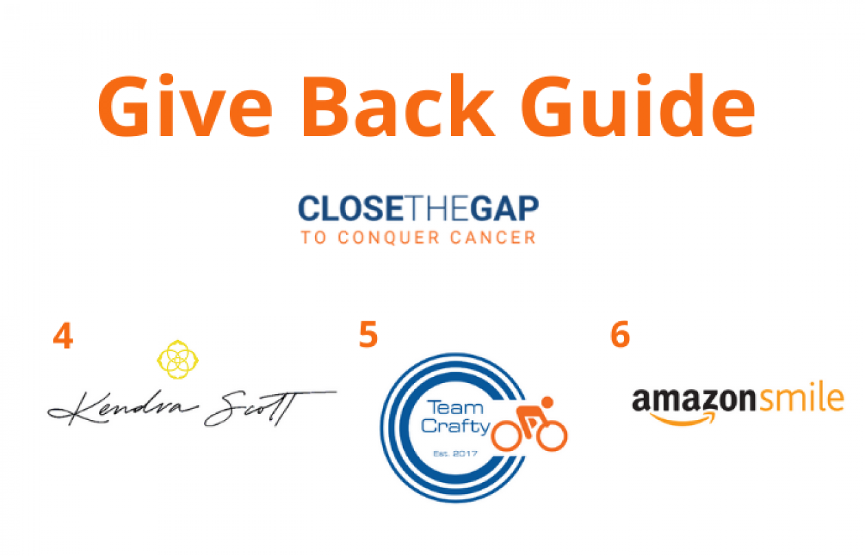 'Give Back Guide' in large orange font located top center. Beneath is the 'Close the Gap to Conquer Cancer' campaign logo. From left to right on bottom: 4: Kendra Scott logo. 5: Team Crafty logo. 6: AmazonSmile logo.