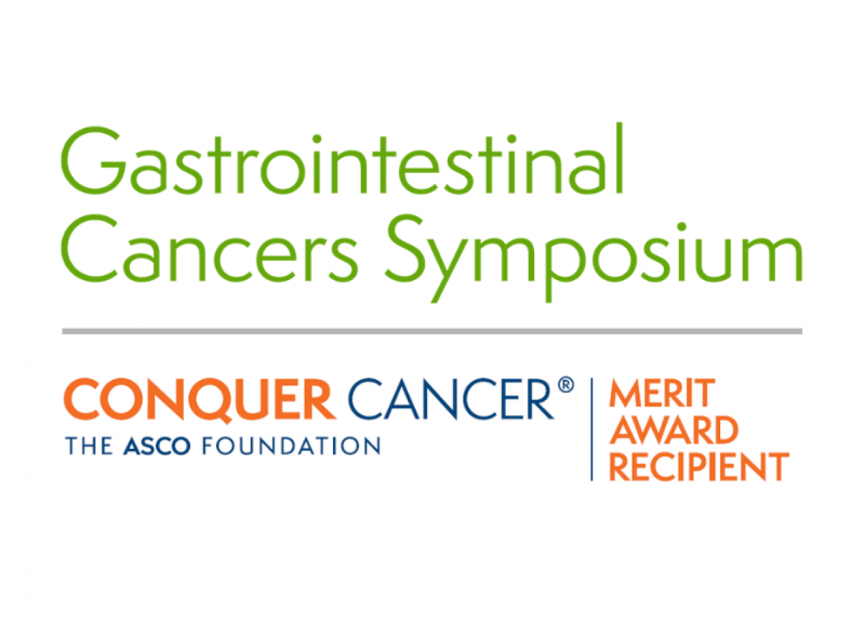 Gastrointestional Cancers Symposium (shaded olive green) on top of the Conquer Cancer logo, adjacent to 'Merit Award Recipient'