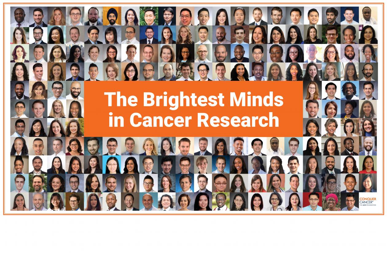 2022 Conquer Cancer grants & awards collage, featuring all recipients from the 2022 grants & awards class. In the middle is an orange tab that reads 'The Brightest Minds in Cancer Research' in white text.