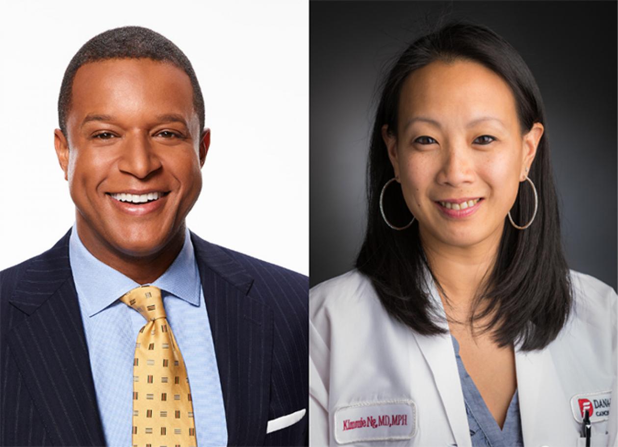 Duo image, with Craig Melvin's headshot on the left and Dr. Kimmie Ng's headshot on the right. Melvin is facing forward and smiling with teeth showing, wearing a yellow tie, light blue shirt, and black jacket. Dr. Ng is facing forward and smiling with teeth showing, wearing a white coat and large hoop earrings.