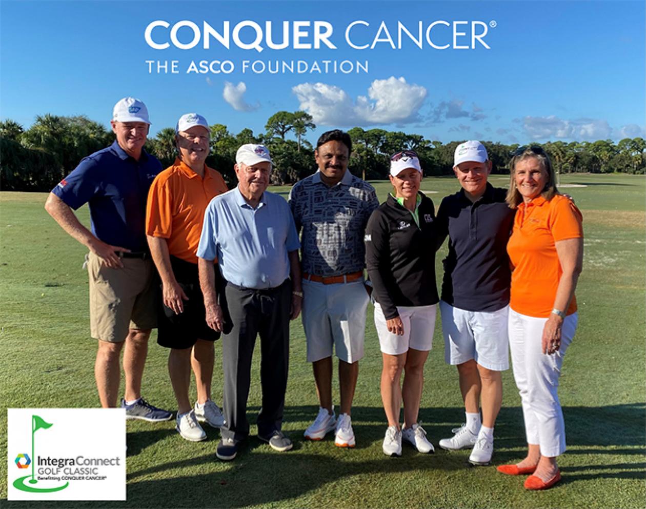 (Left to right): Ernie Els; Skip Burris, MD, FACP, FASCO; Jack Nicklaus; Raj Mantena, RPh; Annika Sörenstam; Clifford Hudis, MD, FACP, FASCO; Nancy Daly, MS, MPH, at the 2021 Integra Golf Classic.