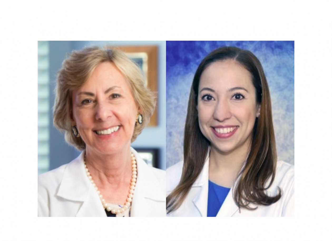 The two recipients of the 2023 Women Who Conquer Cancer Mentorship Award. From left to right: Dr. Carolyn D. Runowicz and María Teresa Bourlon. Both are wearing white coats and smiling facing forward.