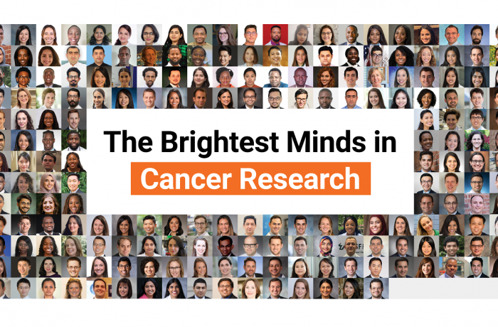Collage of all Conquer Cancer grant and award recipients in 2023. Middle text reads "The Brightest Minds in Cancer Research."