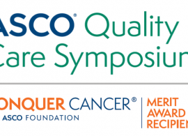ASCO Quality Care Symposium logo on top, colored turquoise green, and Conquer Cancer's Merit Award Recipient logo on bottom, colored orange and ASCO branded blue