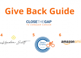 'Give Back Guide' in large orange font located top center. Beneath is the 'Close the Gap to Conquer Cancer' campaign logo. From left to right on bottom: 4: Kendra Scott logo. 5: Team Crafty logo. 6: AmazonSmile logo.