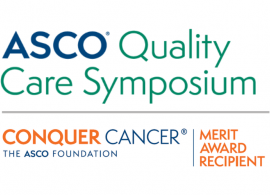 ASCO Quality Care Symposium logo on top, colored turquoise green, and Conquer Cancer's Merit Award Recipient logo on bottom, colored orange and ASCO branded blue