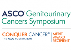 ASCO Genitourinary Cancers Symposium logo paired with Conquer Cancer Merit Award Recipient logo
