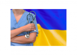 Nurse from neck to waist, holding a stethoscope. Background is Ukraine flag.