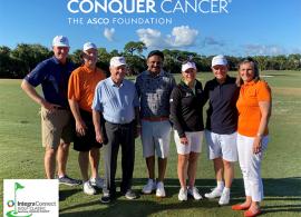 (Left to right): Ernie Els; Skip Burris, MD, FACP, FASCO; Jack Nicklaus; Raj Mantena, RPh; Annika Sörenstam; Clifford Hudis, MD, FACP, FASCO; Nancy Daly, MS, MPH, at the 2021 Integra Golf Classic.