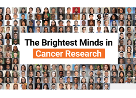 Collage of all Conquer Cancer grant and award recipients in 2023. Middle text reads "The Brightest Minds in Cancer Research."