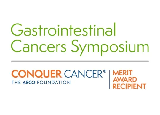 Gastrointestional Cancers Symposium (shaded olive green) on top of the Conquer Cancer logo, adjacent to 'Merit Award Recipient'