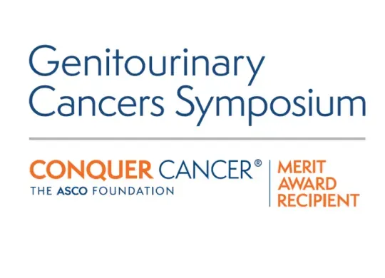 Genitourinary Cancers Symposium (shaded dark blue) on top of the Conquer Cancer logo, adjacent to 'Merit Award Recipient'