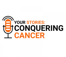 Your Stories logo. It reads "Your Stories: Conquering Cancer" with an orange and black microphone to the left, appearing to emit sound waves.