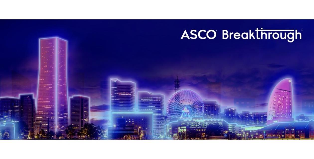 ASCO Breakthrough logo on top of an illustrated design of Yokohama, Japan. The city appears in neon, lurid colors of indigo, violet, and light blue.